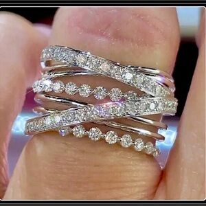 NEW WHITE GOLD CONTEMPORARY ORBIT SPIRAL SIMULATED DIAMOND BAGUETTE RING